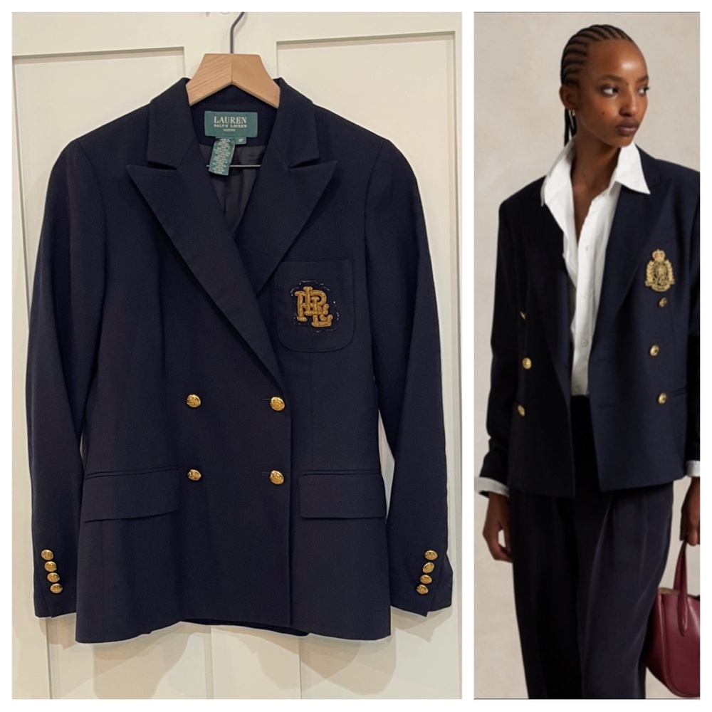 Ralph Lauren 🐎 100% Wool Equestrian Black Gold Double Blazer Jacket 4 4P Petite